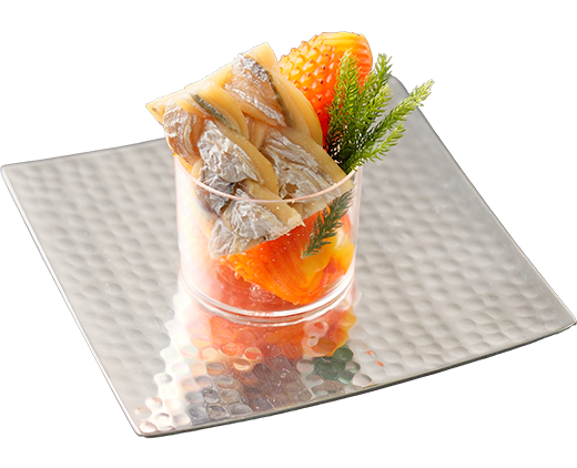 ・松笠烏賊雲丹焼き・編み太刀魚祐庵焼き
