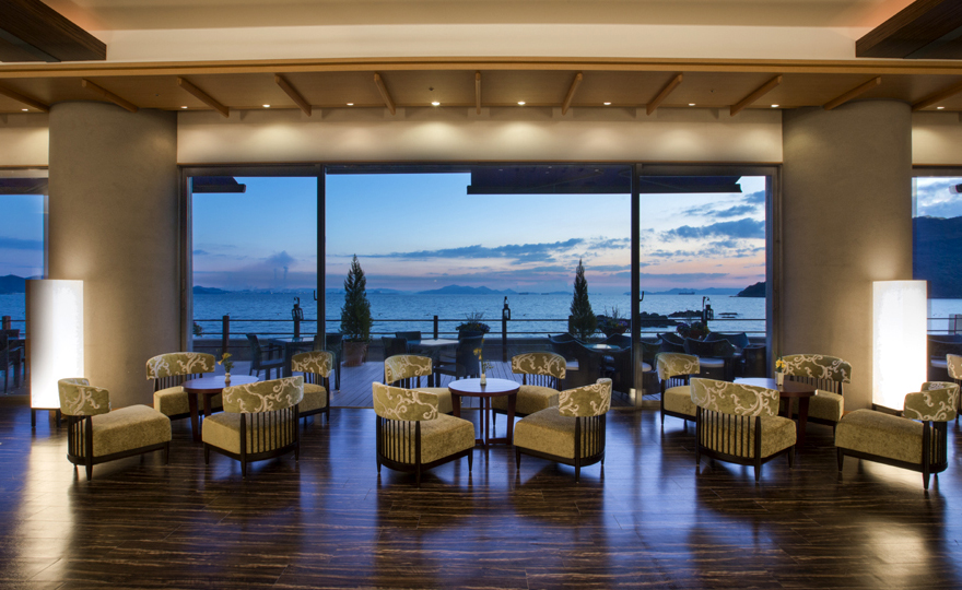 270-degree Landscape Terrace overviewing islands on calm Seto Inland Sea 